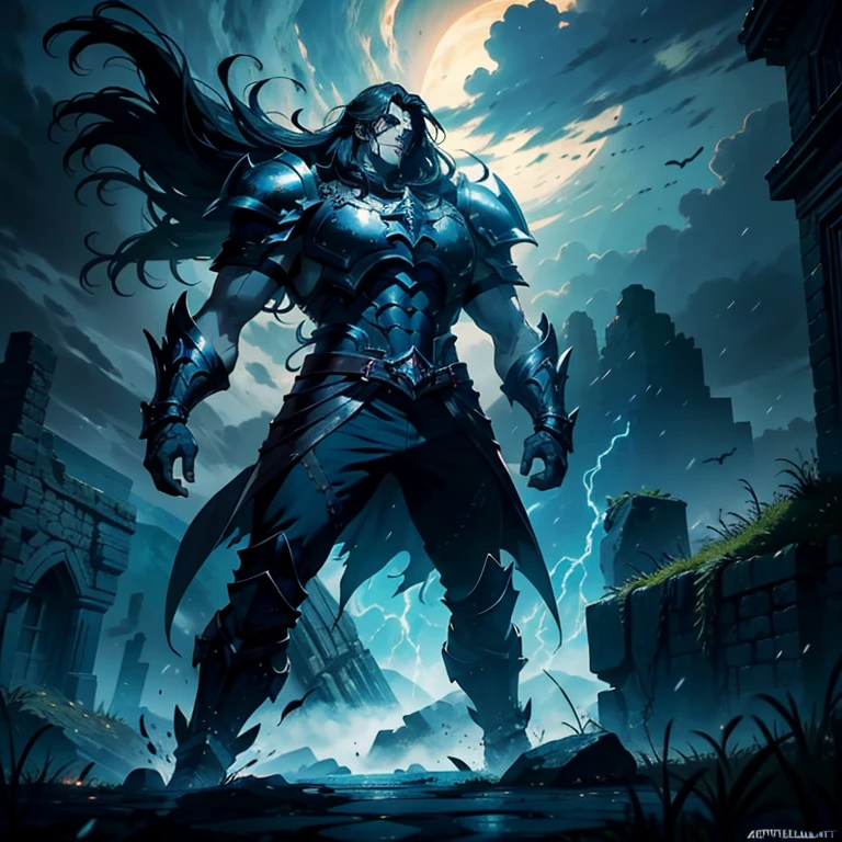 In the epic battle scene of Castlevania: Lords of the Shadows, imagine the formidable confrontation between Gabriel Belmont wearing full heavy armor Wearing leather The armor covers his entire hyper realistic body super detailed and the fearsome Titan at the top of the ancient mountain. Lightning crackles in the stormy sky as they engage in a legendary confrontation, Leurs pouvoirs entrent en collision avec une force qui fait trembler la terre. The Titan's colossal fists collide with Gabriel's enchanted whip, tandis que le paysage tremble sous leur lutte titanesque