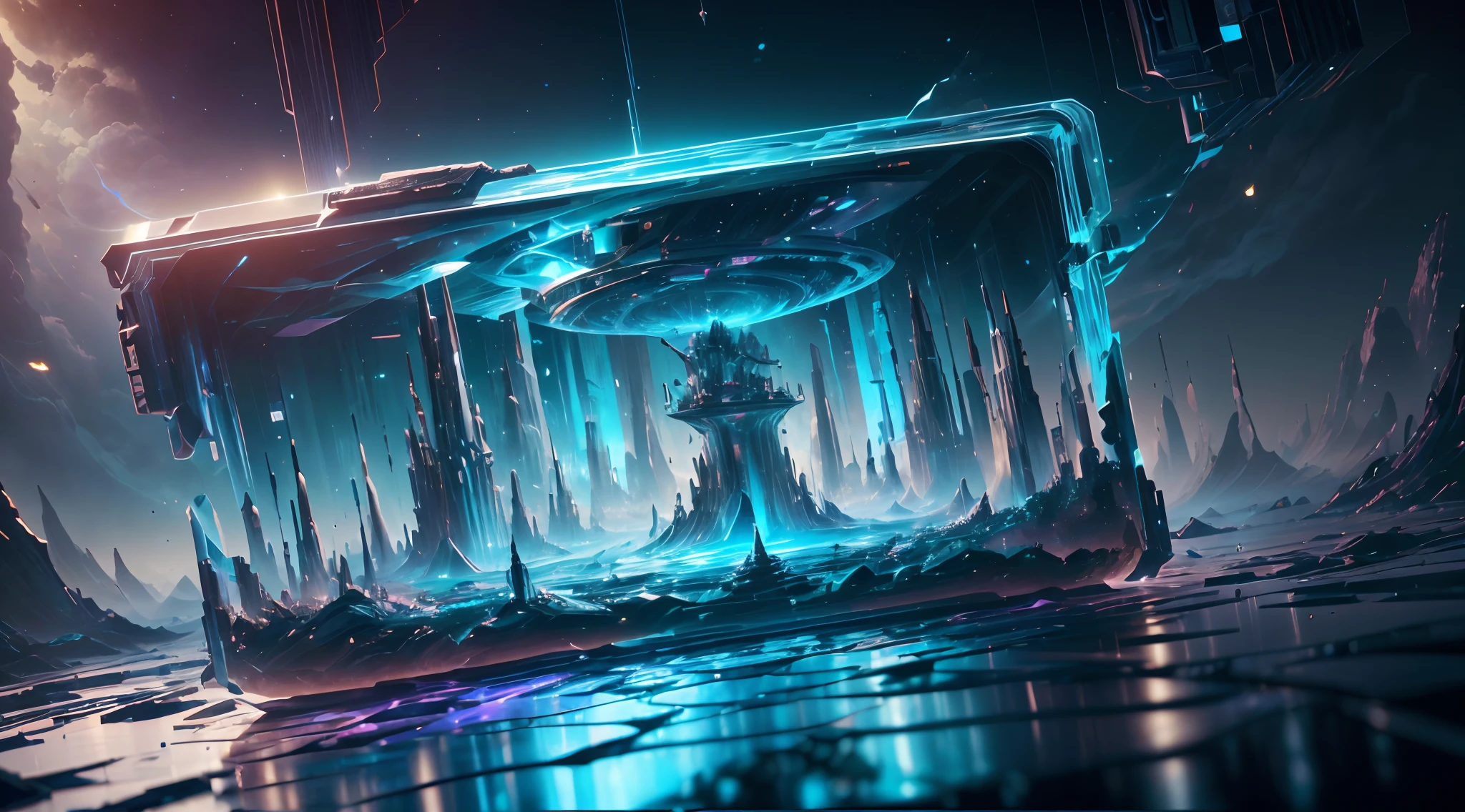 (best quality,4k,8k,Altas,master part:1.2),ultra-detalhado,azul cores vivas,GlassTech,O metaverso,artistas conceituais,ethereal glow,Advanced Holographic Technology,seamless integration,paisagens de outro mundo,arquitetura elegante e futurista,Immersive Virtual Reality Experience,avatares altamente detalhados,Real-time interactions with other users,dynamic lighting effects,efeitos visuais deslumbrantes,Atmosfera Transcendente,fantastic creatures and beings,portais interdimensionais,Limitless possibilities for exploration,Seamless transition between virtual and physical worlds,State-of-the-art gaming experience,ambientes ultrarrealistas,Impressive rendering capabilities,mistura de elementos reais e virtuais,Unforgettable immersive journeys,Integration with artificial intelligence assistants,Creating and Sharing Personal Virtual Spaces,Unlocking New Dimensions of Creativity