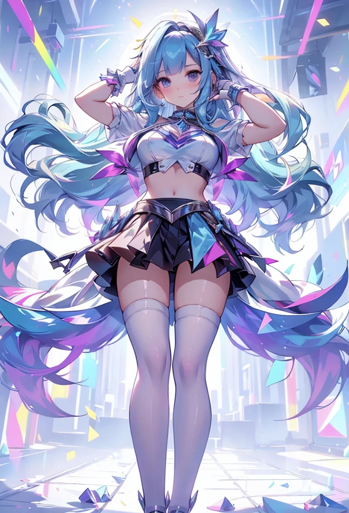 best qualityer,tmasterpiece,Ultimate resolution,downy,Extremely colorful,Colorful,Big high school girl,Crop topping,White stockings,heeled sandals