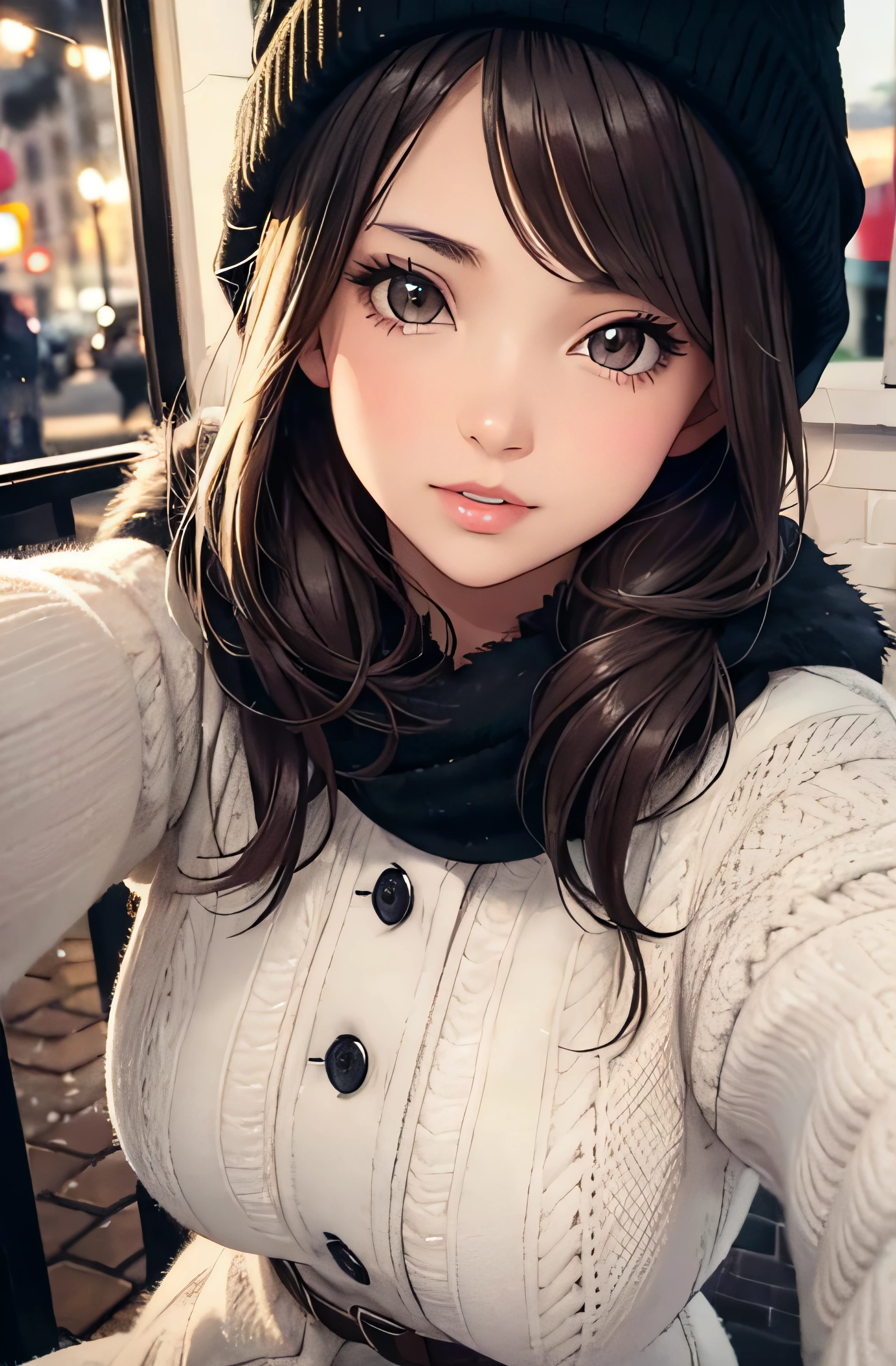 girl in winter clothes, top shot,((selfie)), brown eyes, random background, kiss, beautiful, medium breasts, flirtatious look, ((very detailed)), (perfectly detailed face), (well detailed hand), photorealistic image.