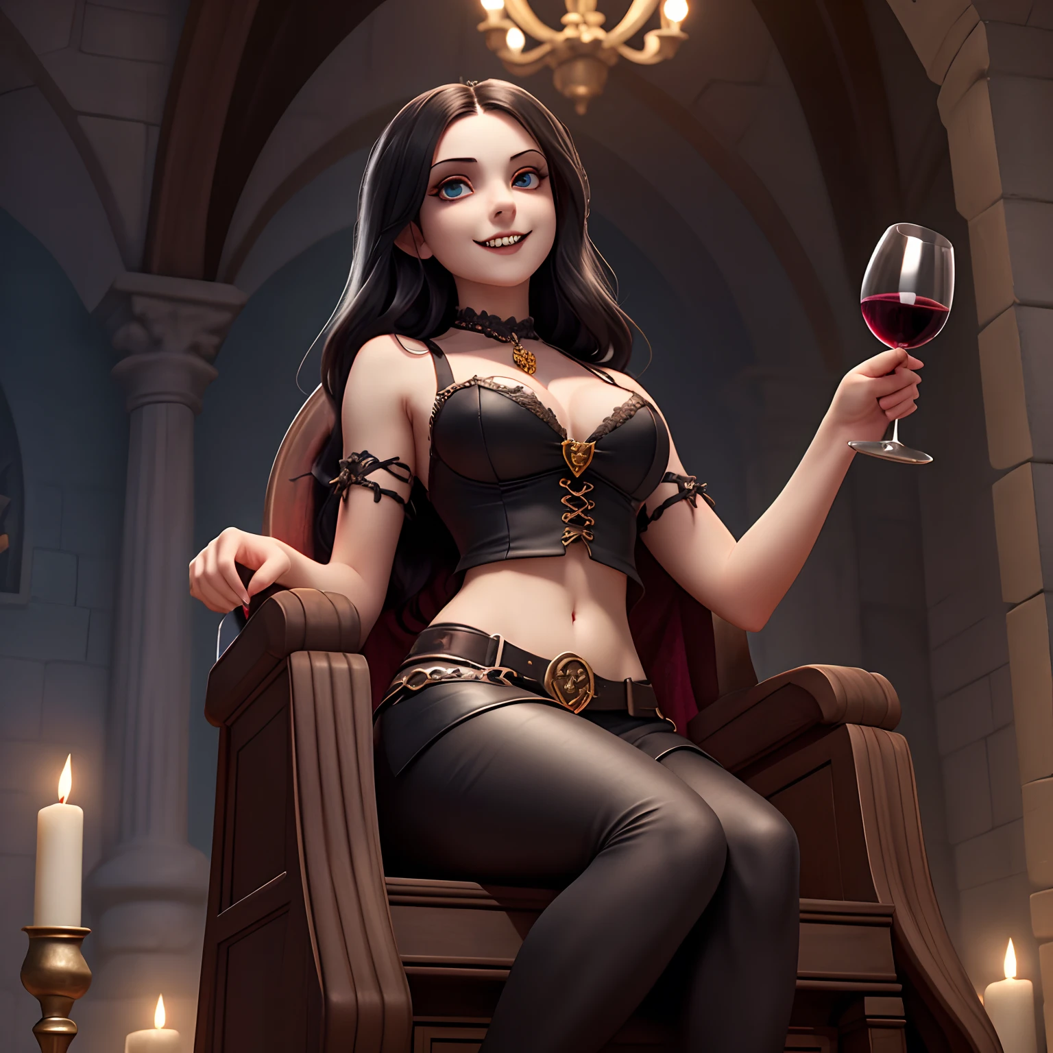 ((female gothic noble outfit sitting on a throne holding a glass wine goblet filled with blood)), royal noble outfit, ((vampire)), has teeth fangs, long black hair, portrait, 8k resolution, masterpiece, high quality, ultra detailed eyes, 1girl, female focus, vampiric features, showing, vampire fangs, pale skin, smirking, ((midriff exposed)), castle interior background, gothic theme, (((from below)))