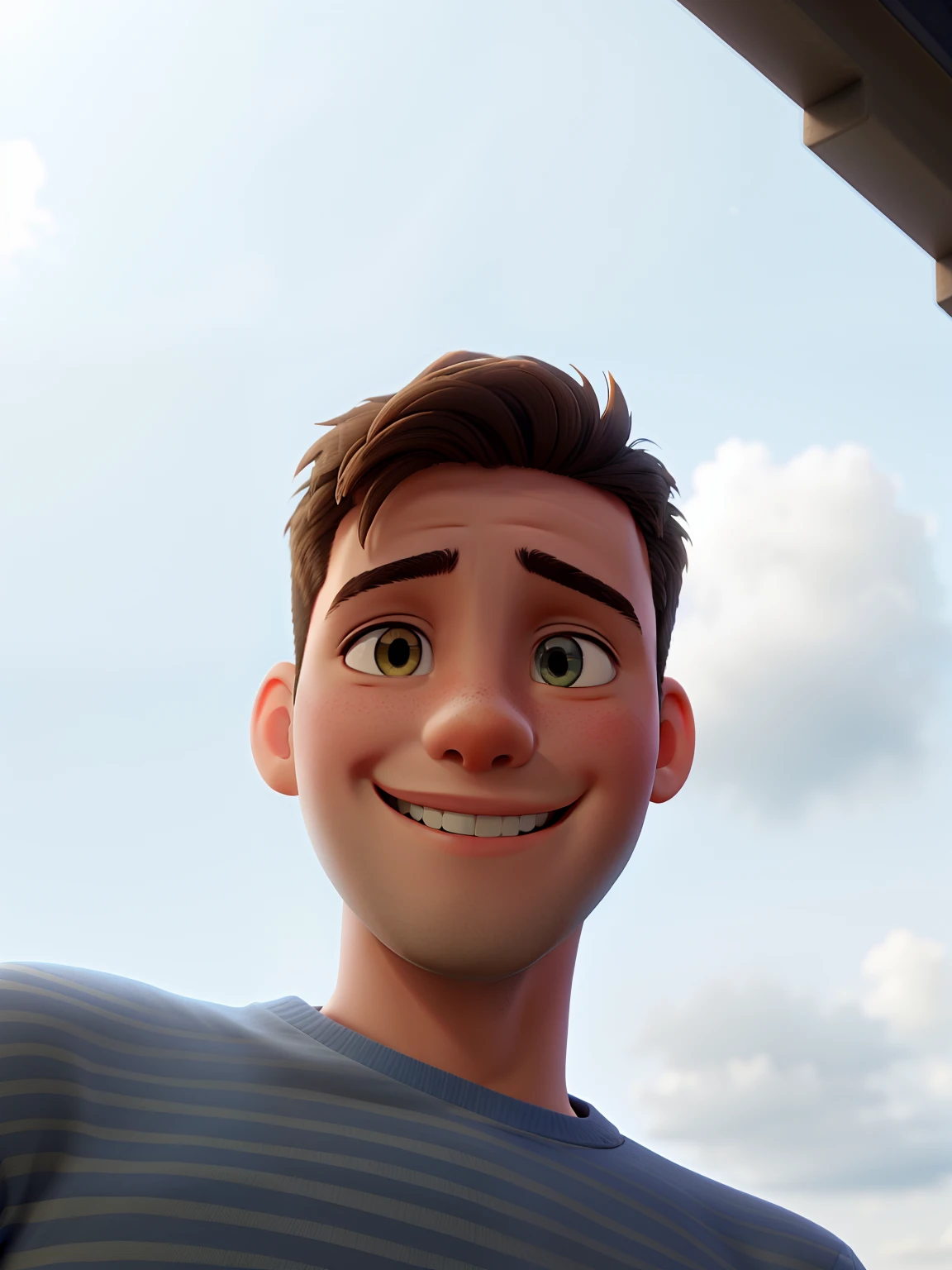 A smiling boy with a beautiful sky behind him
