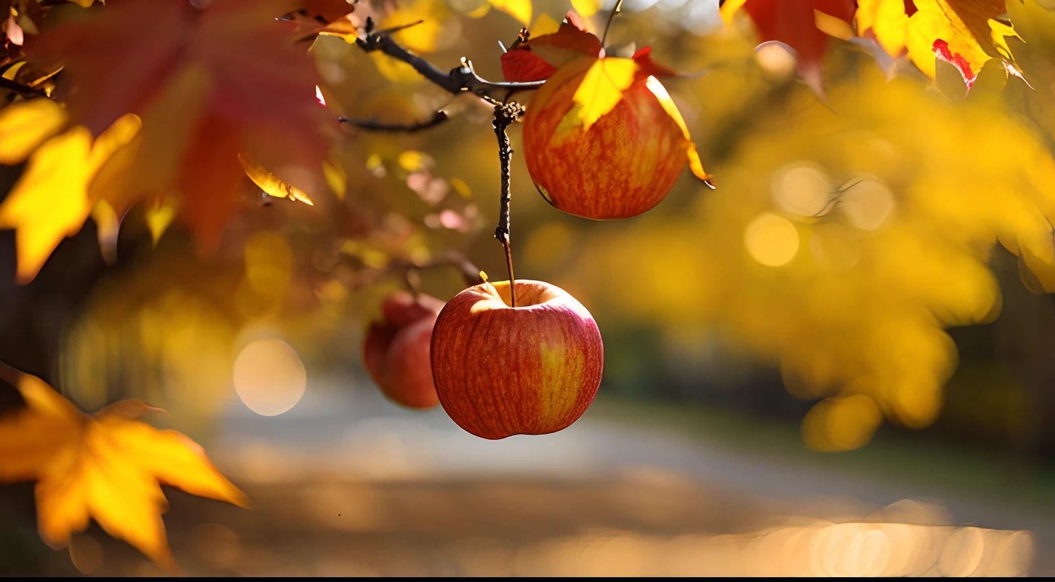 3 apples、Autumn leaves in the background、Leaves flutter and fall、evening