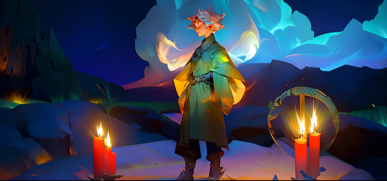 Cartoon character standing in front of a campfire with candles, (octan render) estilo fantasia, a still of an ethereal, vestes verde natureza, Fantasy Style 8k Octane Rendering, vestindo vestes de mago cheias de estrelas, nuvens de fundo, menina com asas douradas de borboleta, estufando o peito.
