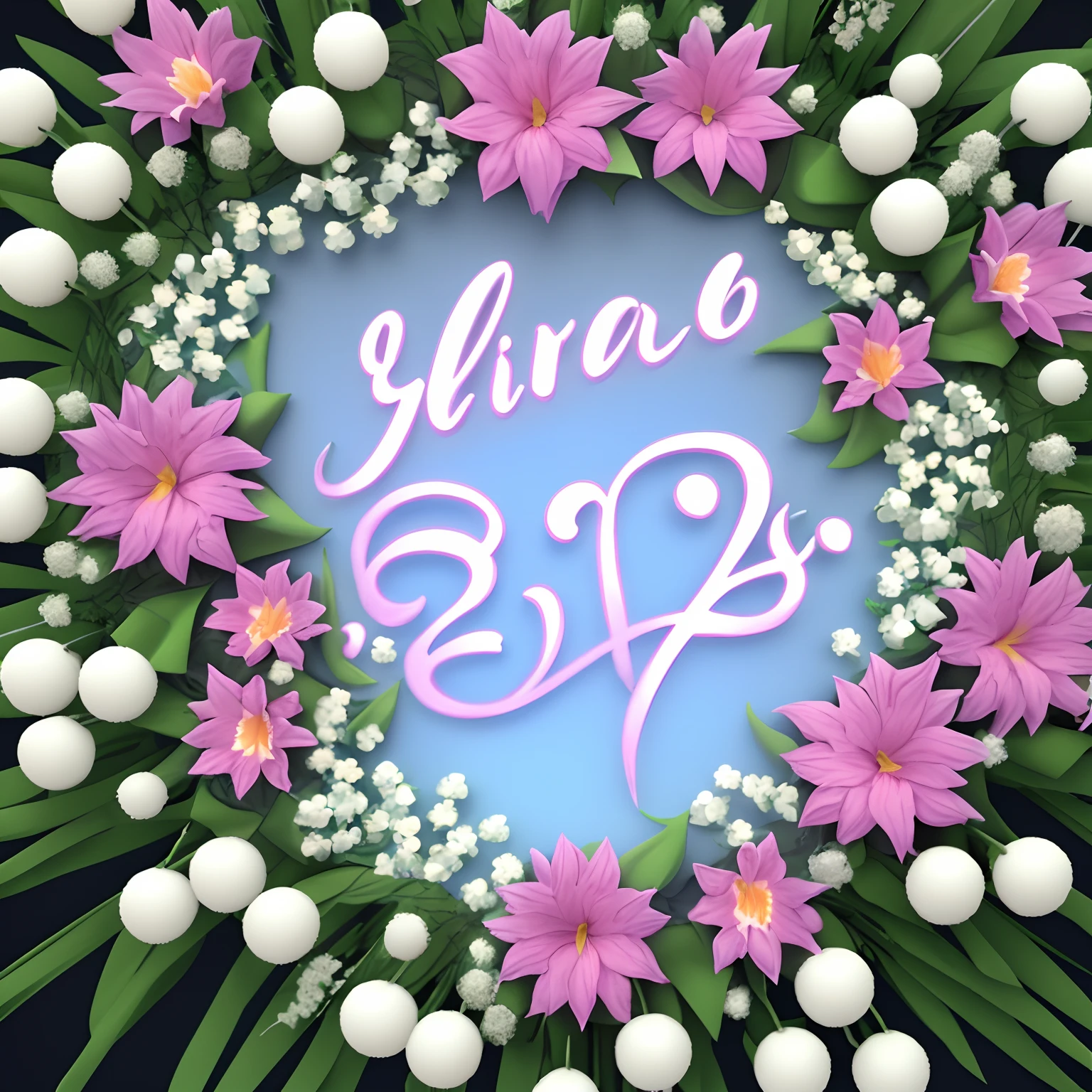 "Lily of the Valley 22nd Anniversary" 3D name in pastel colors 3d beautiful lily writing background in pink color with various flowers , bolhas flutuantes, flores fofas e pequenos detalhes, vibrante, cinemactic