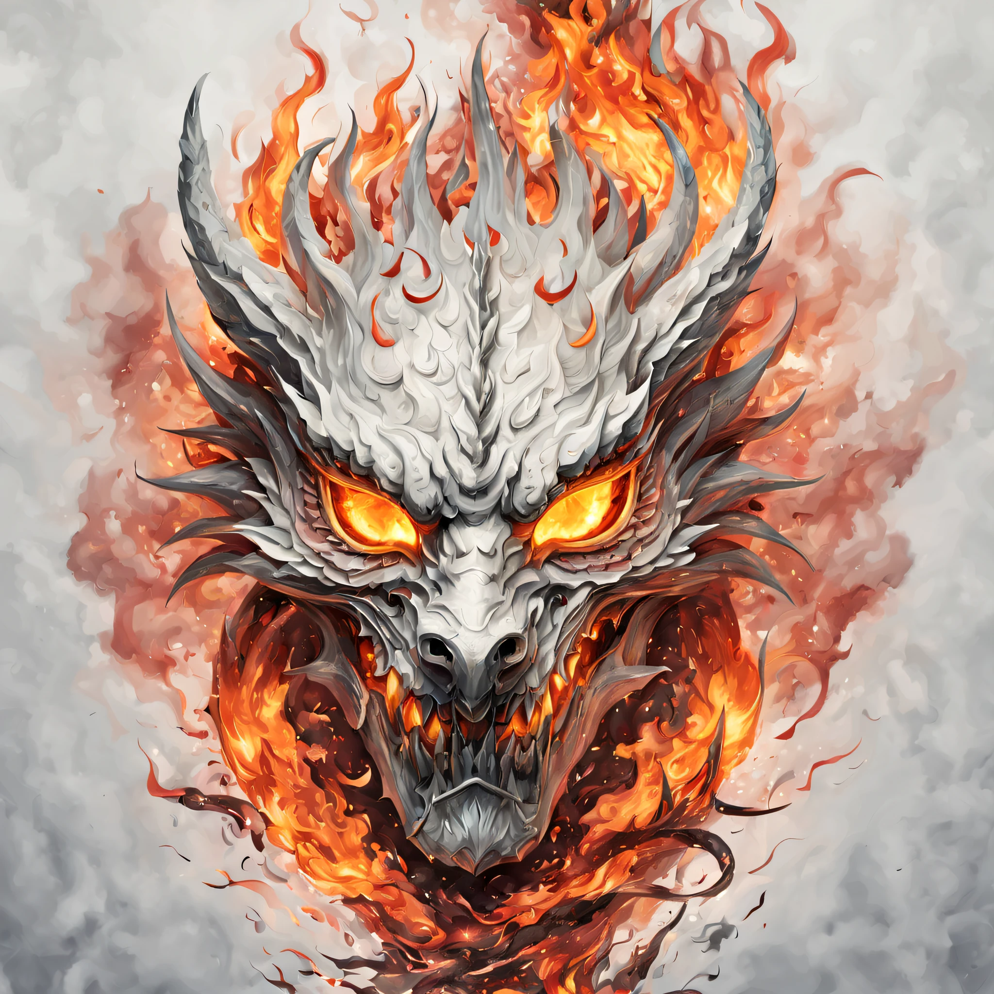 hell, a mask floating in the middle of the image, a lot of fire, around, in front of the mask, white mask making the design of a dragon, Scandinavian punctures drawing style