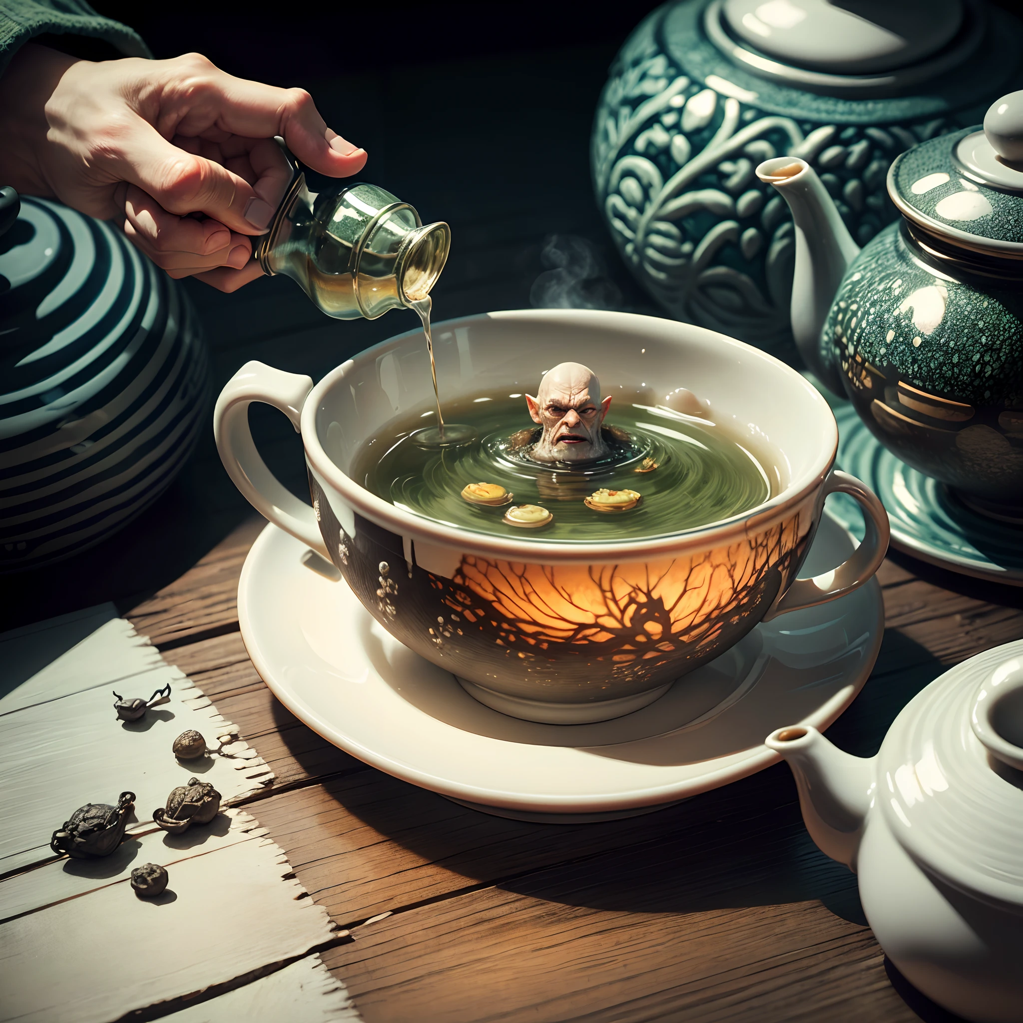 Gollum drinking a hot steaming cup of tea, with a beautiful white teapot and cups, (realistic illustration, hyperrealistic, big depth of field, colors), tea leaves floating in the liquid, by Ivan Albright and Victor Vasarely