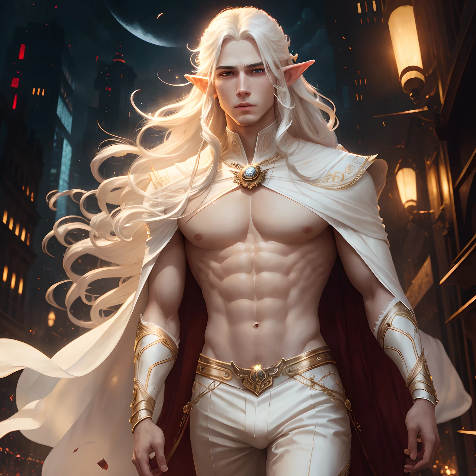 Male elf, masterpiece, highest quality, (solo focus), (perfect face:1.1), (high detail:1.1),dramatic, 1guy, (pale skin), long white hair, white eyes, [light eyebrows], solo, long hair, moon, night, white luxury suit, covered navel, pouty lips, covered, futuristic city, detailed background, art by artgerm and greg rutkowski,  cinematic lighting, roses, fashion, BalenciagaStyle, Alexander McQueen