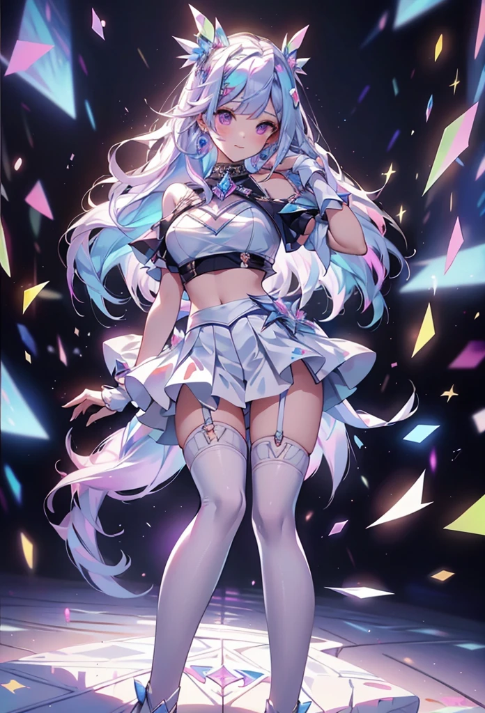 best qualityer,tmasterpiece,Ultimate resolution,downy,Extremely colorful,Colorful,Big high school girl,Crop topping,White stockings,heeled sandals
