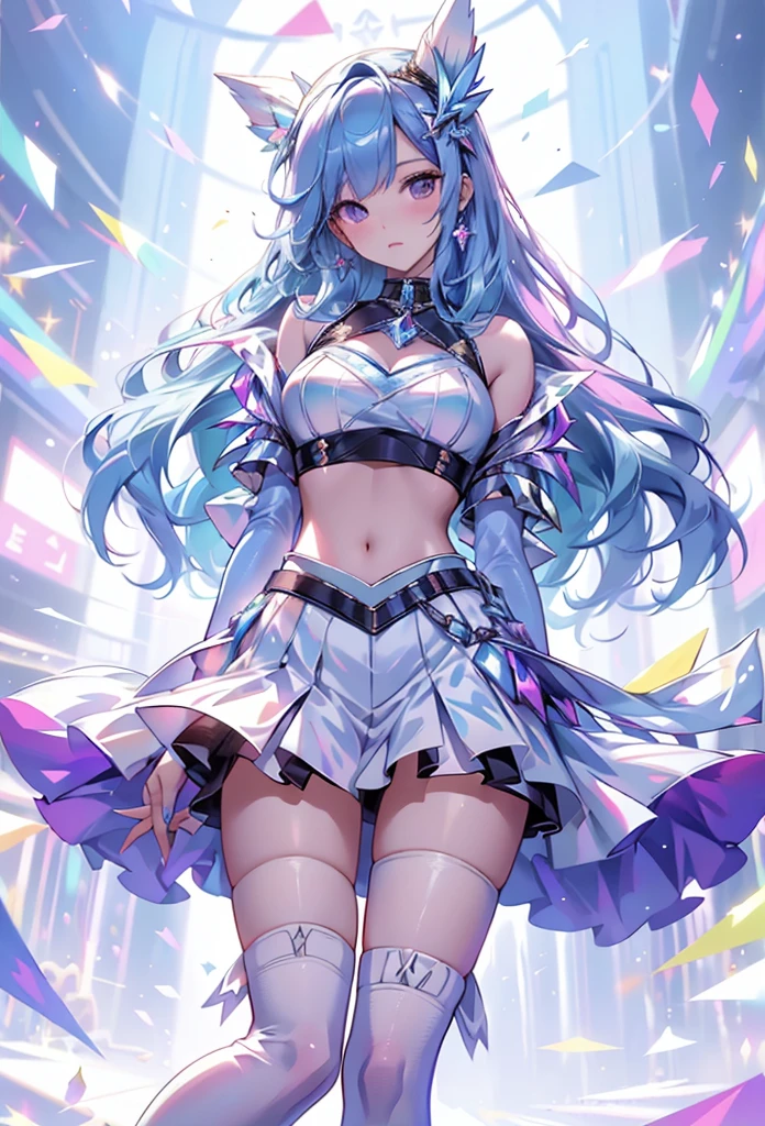 best qualityer,tmasterpiece,Ultimate resolution,downy,Extremely colorful,Colorful,Big high school girl,Crop topping,White stockings,heeled sandals