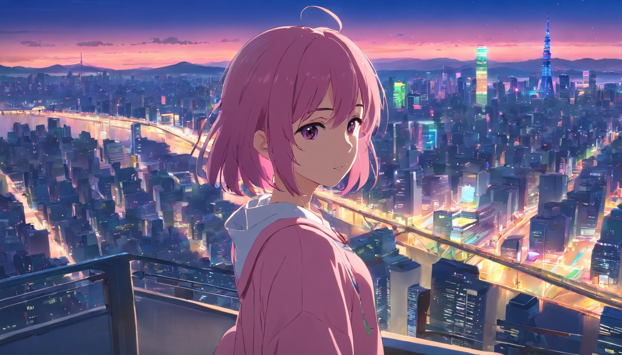 masterpiece、top-quality、ultra-detailliert、girl with、Her hair is pink and shoulder-length、The city of Tokyo、Night city、Makoto Shinkai landscape painting