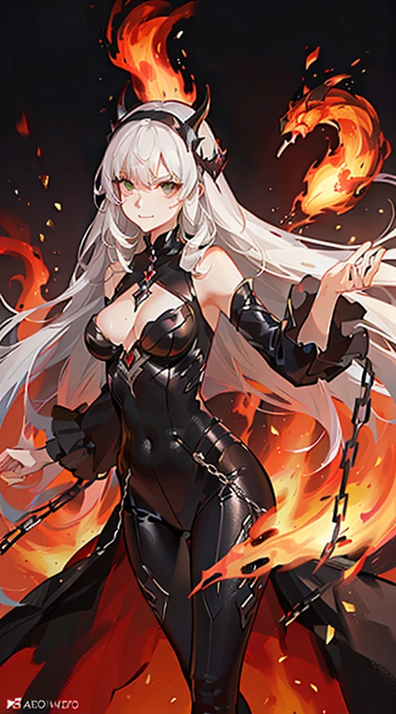 Rapariga, cabelo preto curto, olhos verdes, irritado, Superheroíne, Desova do Inferno, black catsuit, Elementos Brancos, Casaco vermelho, Demonic Chains, Hiqualidade, 4k, disco Rigido, bom detalhe