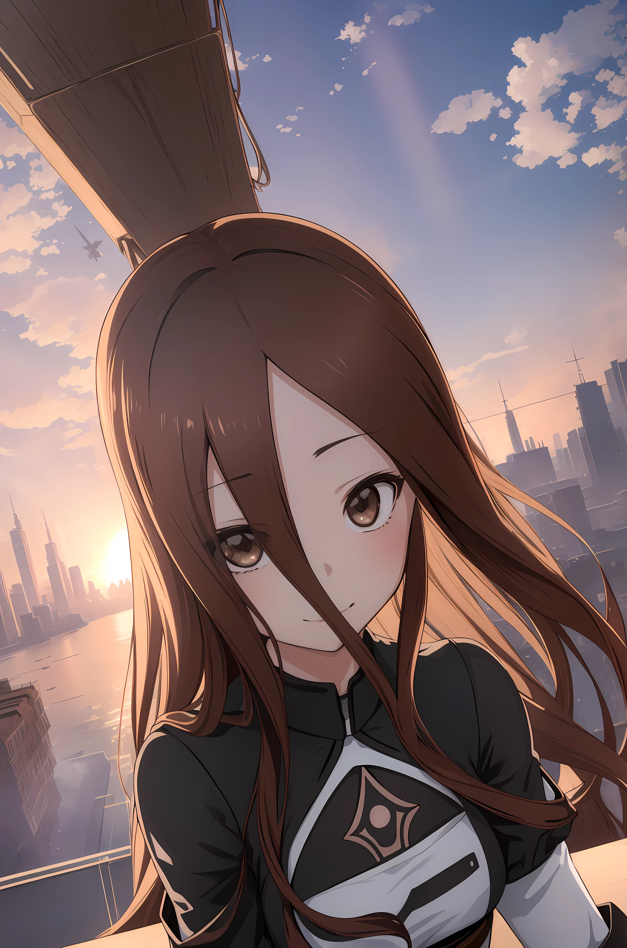 takagi1, seductive, wearing 2B's dress, Nier: Automata style sprawling metropolis, 8k wallpaper, ultra detailed, beautiful, masterpiece, super fine photography, high quality, super high resolution, photorealistic, sunlight, delicate face, beautiful and highly detailed skin, realistic skin details, sharp focus,