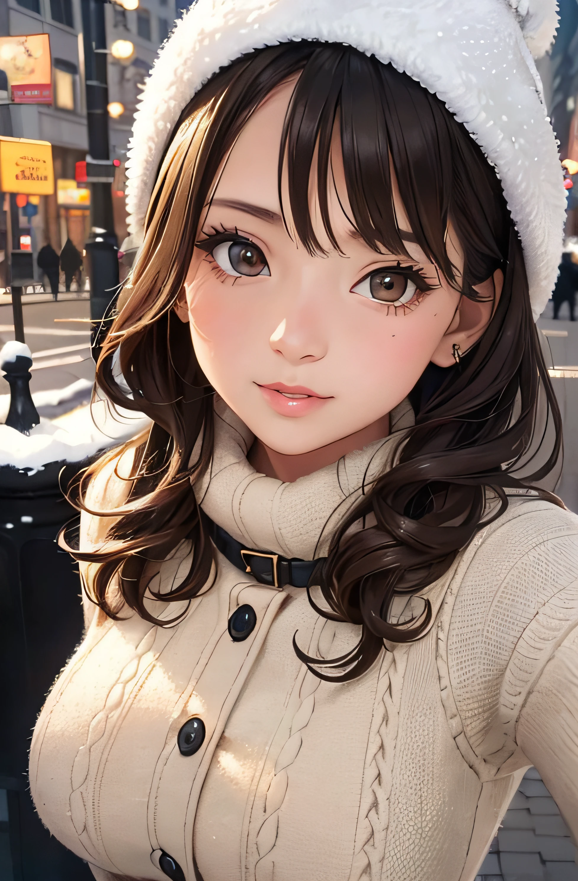 girl in winter clothes, top shot,((selfie)), brown eyes, random background, kiss, beautiful, medium breasts, flirtatious look, ((very detailed)), (perfectly detailed face), (well detailed hand), photorealistic image.
