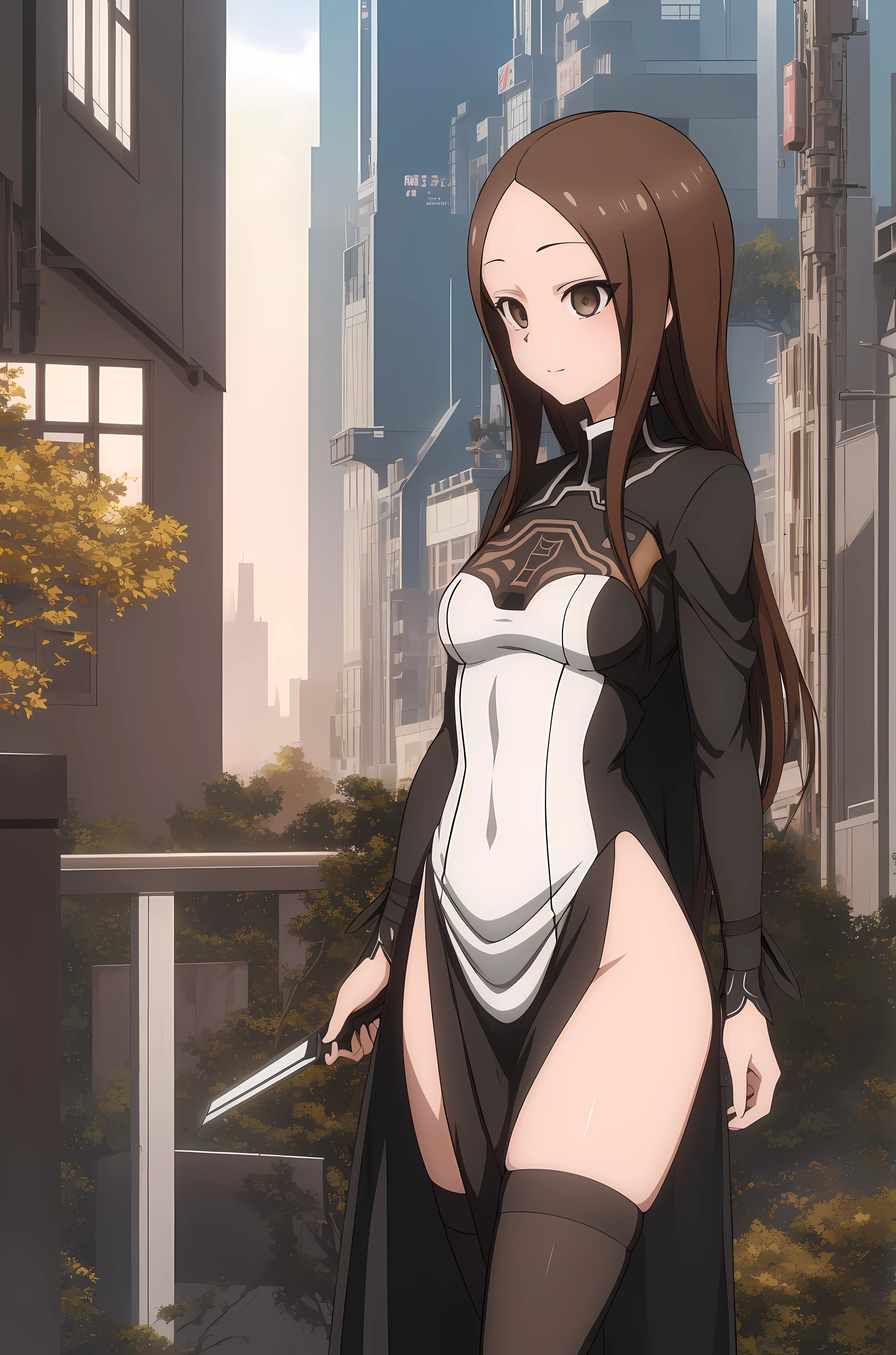 takagi1, seductive, wearing 2B's dress, Nier: Automata style sprawling metropolis, 8k wallpaper, ultra detailed, beautiful, masterpiece, super fine photography, high quality, super high resolution, photorealistic, sunlight, delicate face, beautiful and highly detailed skin, realistic skin details, sharp focus,