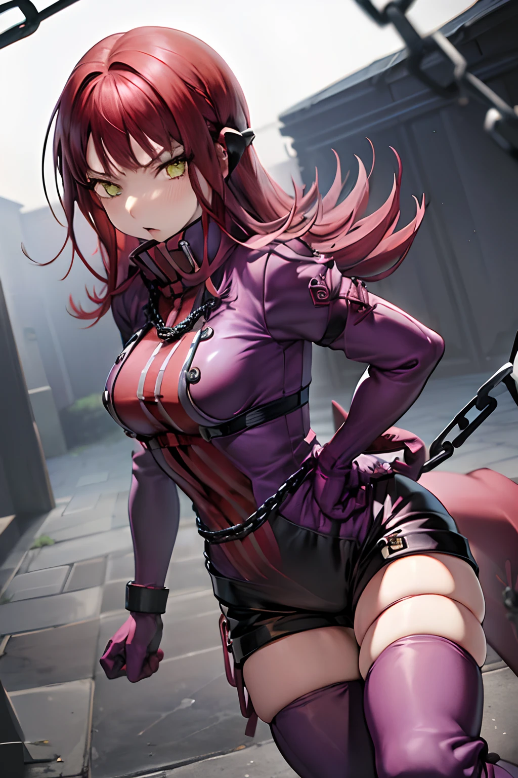 masutepiece, Best Quality, absurderes, Perfect Anatomy, 1girl in, Solo, Yoko Katori, Long hair, purple thighhighs, elbow groves, Purple gloves, Black shorts, uniform, thigh holster, Falling down, embarassed expression、((Chained))、((thigh high boots))、((gargantilha))、((Chains are wrapped around his arms))