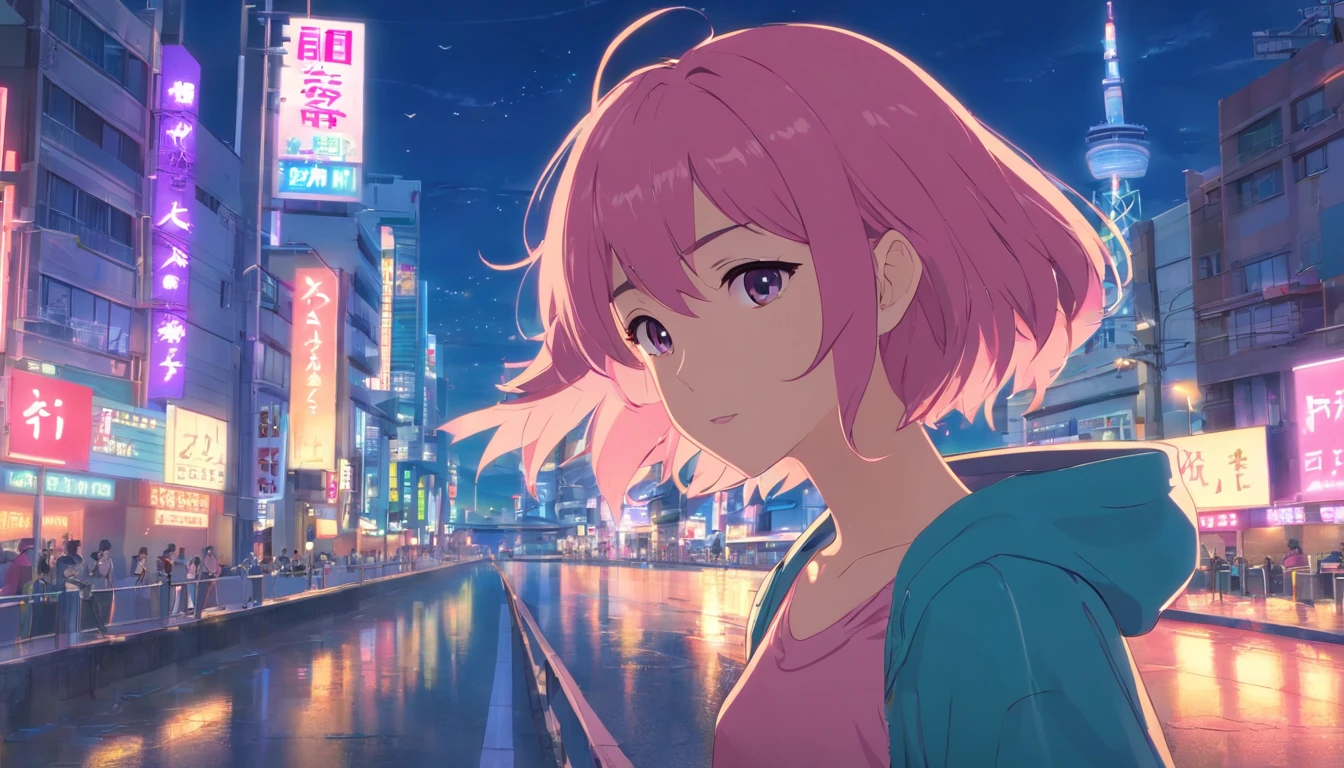 masterpiece、top-quality、ultra-detailliert、Singer girl、Fashionable clothes、Her hair is pink and shoulder-length、The city of Tokyo、Night city