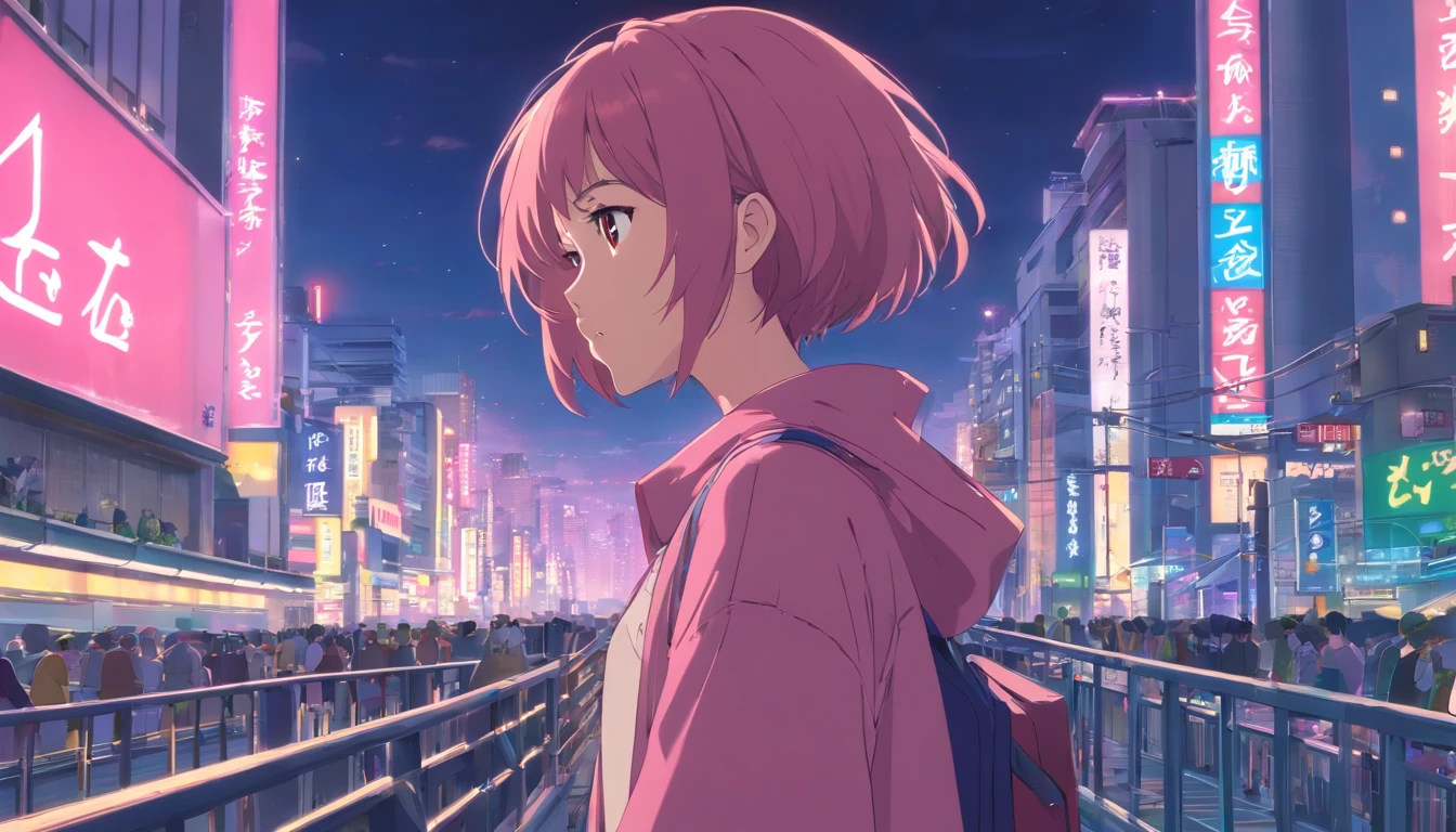 ​masterpiece、top-quality、ultra-detailliert、Singer girl、Fashionable clothes、Her hair is pink and shoulder-length、The city of Tokyo、Night city