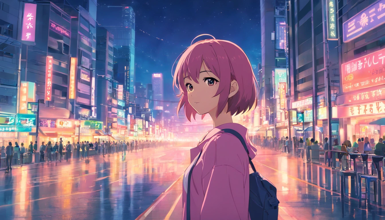 ​masterpiece、top-quality、ultra-detailliert、Singer girl、Fashionable clothes、Her hair is pink and shoulder-length、The city of Tokyo、Night city