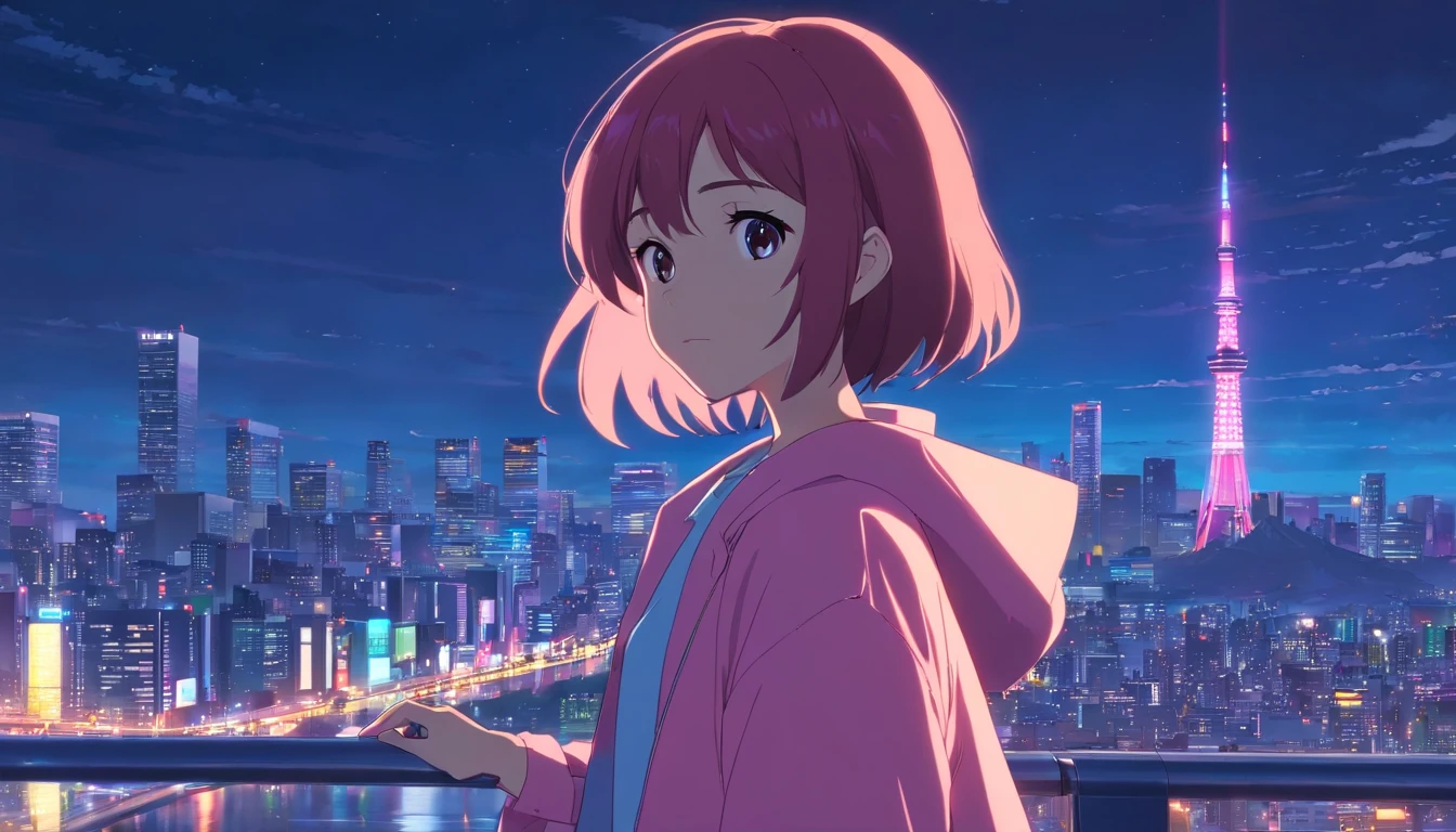 masterpiece、top-quality、ultra-detailliert、Singer girl、Fashionable clothes、Her hair is pink and shoulder-length、The city of Tokyo、Night city