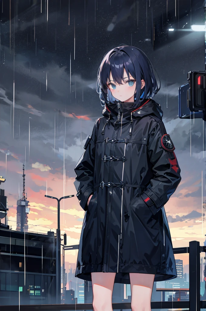 1girl, Night City, rain, coat, hands in pockets