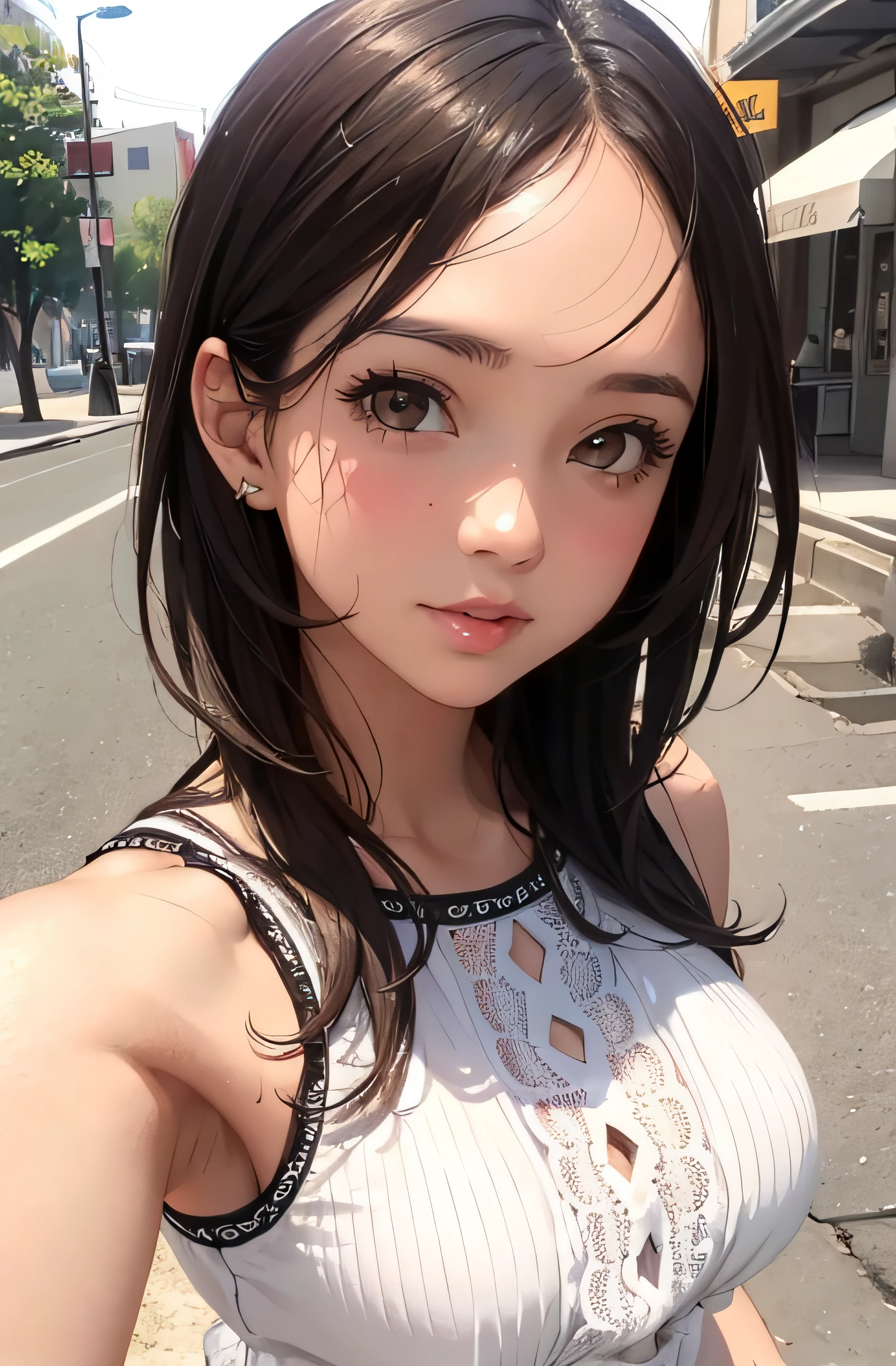 girl in summer clothes, top shot,((selfie)), brown eyes, random background, kiss, beautiful, medium breasts, flirtatious look, ((very detailed)), (perfectly detailed face), (well detailed hand), photorealistic image.