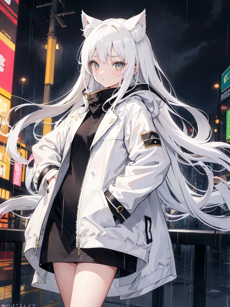 1 girl, Long Hair, White hair, cat ears, coat, rain, night city, hands in pocket