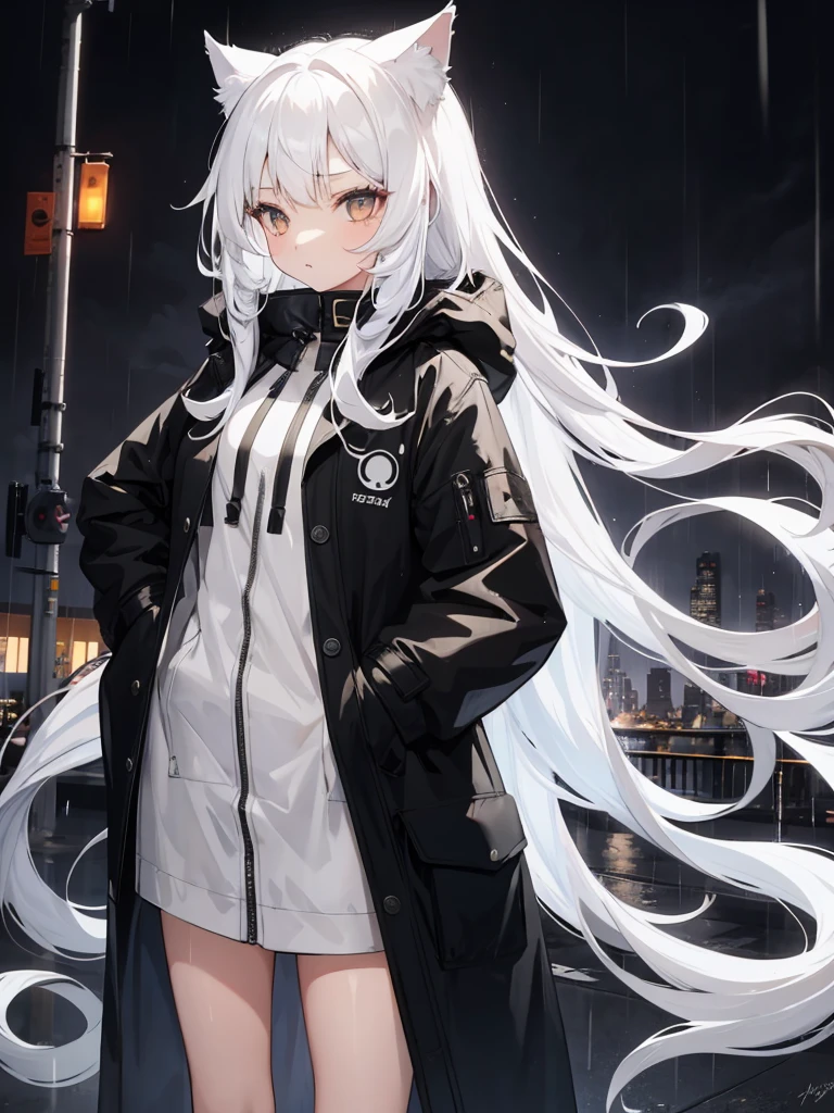1 girl, Long Hair, White hair, cat ears, coat, rain, night city, hands in pocket