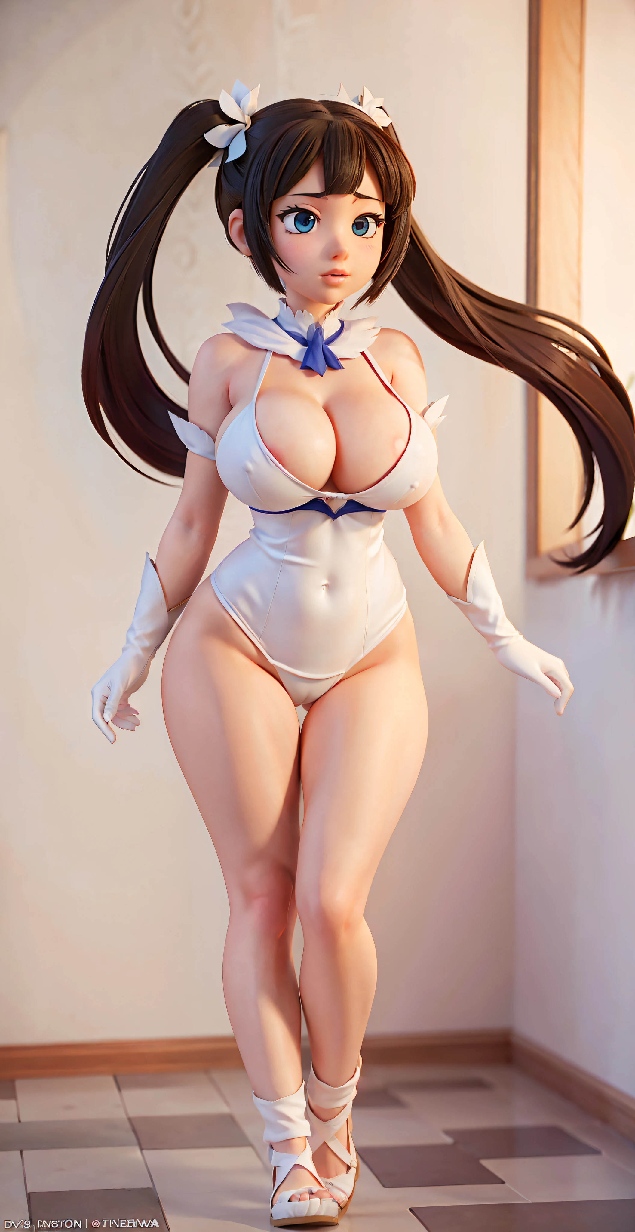 anime character of a woman in a short dress with a long hair, Hestia from Danmachi, anime girl named Hestia, female anime character, Hestia Danmachi anime, anime woman fullbody art, female action anime girl, anime full body illustration, twintails white gloves, official art, anime character, brown hair and a perfect body, bikini model, sexy look, perfect body and face, sexy girl, instagram model, perfect face and body, 21 years old, 22 years old, 18 years old, perfect body, 23 years old, nsfw, perfect face and body, nsfw, buxom chested, large breasts size, with large breasts, stunning, large breasts, big breasts!, slipping out of top, areola, areola slip, visible areola, NSFW, big breasts!, with large breasts, nsfw huge breasts, with a large breasts, big breasts