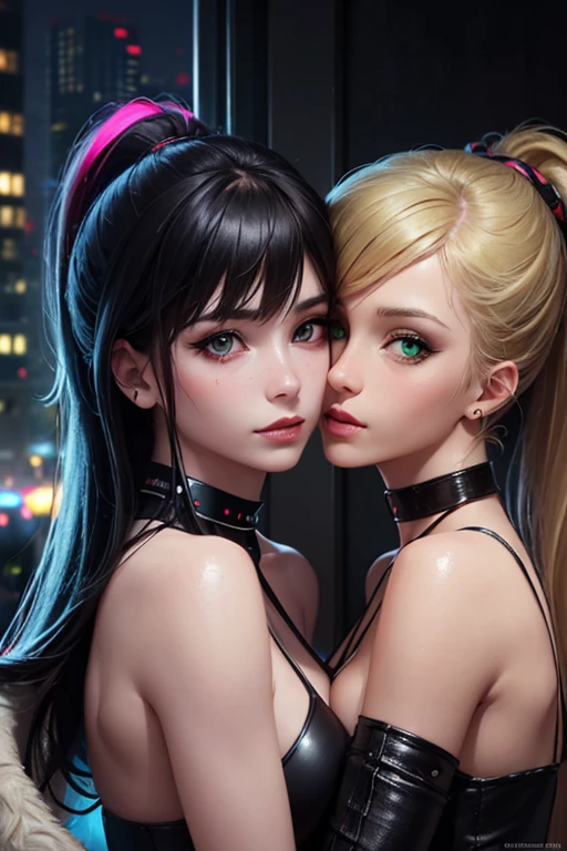 (masterpiece, best quality, 8k, sharp focus, depth of field, best shadows, perfect lights, HDR, realistic skin texture, ultra-detailed background, detailed), anime style, 2 women kissing (one of them has green eyes, white skin, black hair with ponytail, choker, small breasts, slim, makeup, eyeliner, glitter), (the other woman has blonde hair), at a night club, cyberpunk theme, Cyberpunk City.