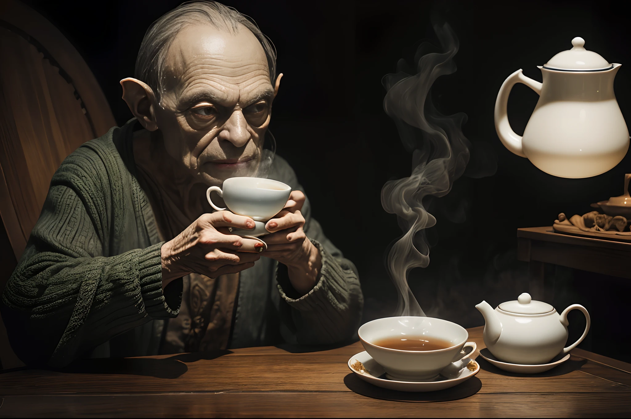 Gollum drinking a hot steaming cup of tea, with a beautiful white teapot and cups, (realistic illustration, hyperrealistic, big depth of field, colors), tea leaves floating in the liquid, by Ivan Albright and Victor Vasarely