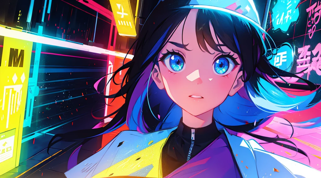 Effect of Electricity Particles, superpower, Uma menina bonita com, Retrato HD, (alta qualidade) (Ultra Detalhes) Observando o espectador com roupas de rua no estilo hip-hop; diferente, colorido, Cabelos de diversas cores 🌈