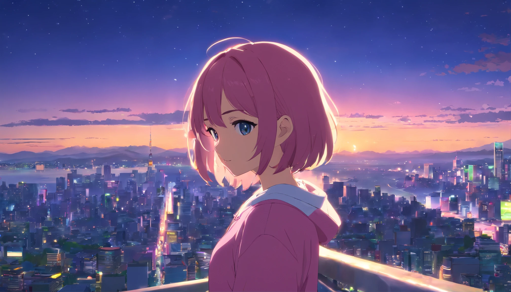 masterpiece、top-quality、ultra-detailliert、Singer girl、Fashionable clothes、Her hair is pink and shoulder-length、The city of Tokyo、Night city