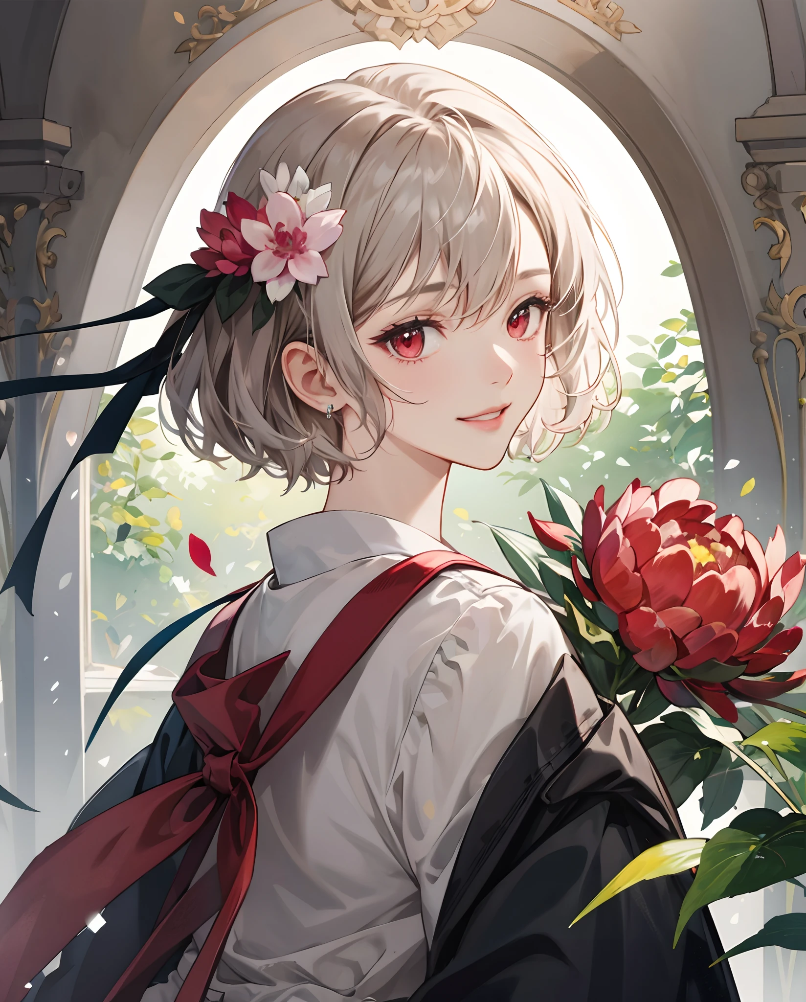 ​masterpiece、top-quality、超A high resolution、2D Beautiful Girl、animesque、teens girl、Hazy hair、short-haired、Peony hair ornament、Beautiful red eyes、The clothes are also depicted in detail、Eyes are depicted in detail、The face is depicted in detail、sorcerer、soio、Lonely smile、hair adornments、animesque、illustratio