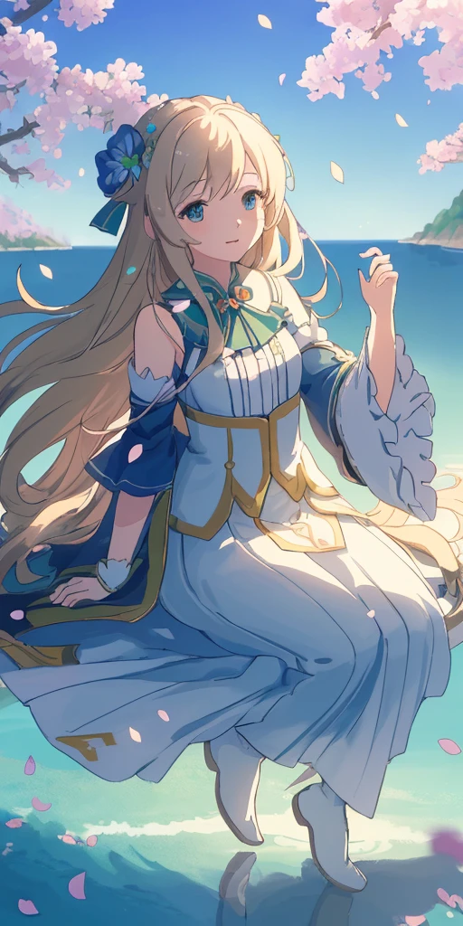 Masterpiece, best quality, (very detailed CG unity 8k wallpaper) (best quality), (best illustration), (best shadows) Nature', blue sea,delicate leaves petals of various colors falling in the air light Tracking, super detailed --v6