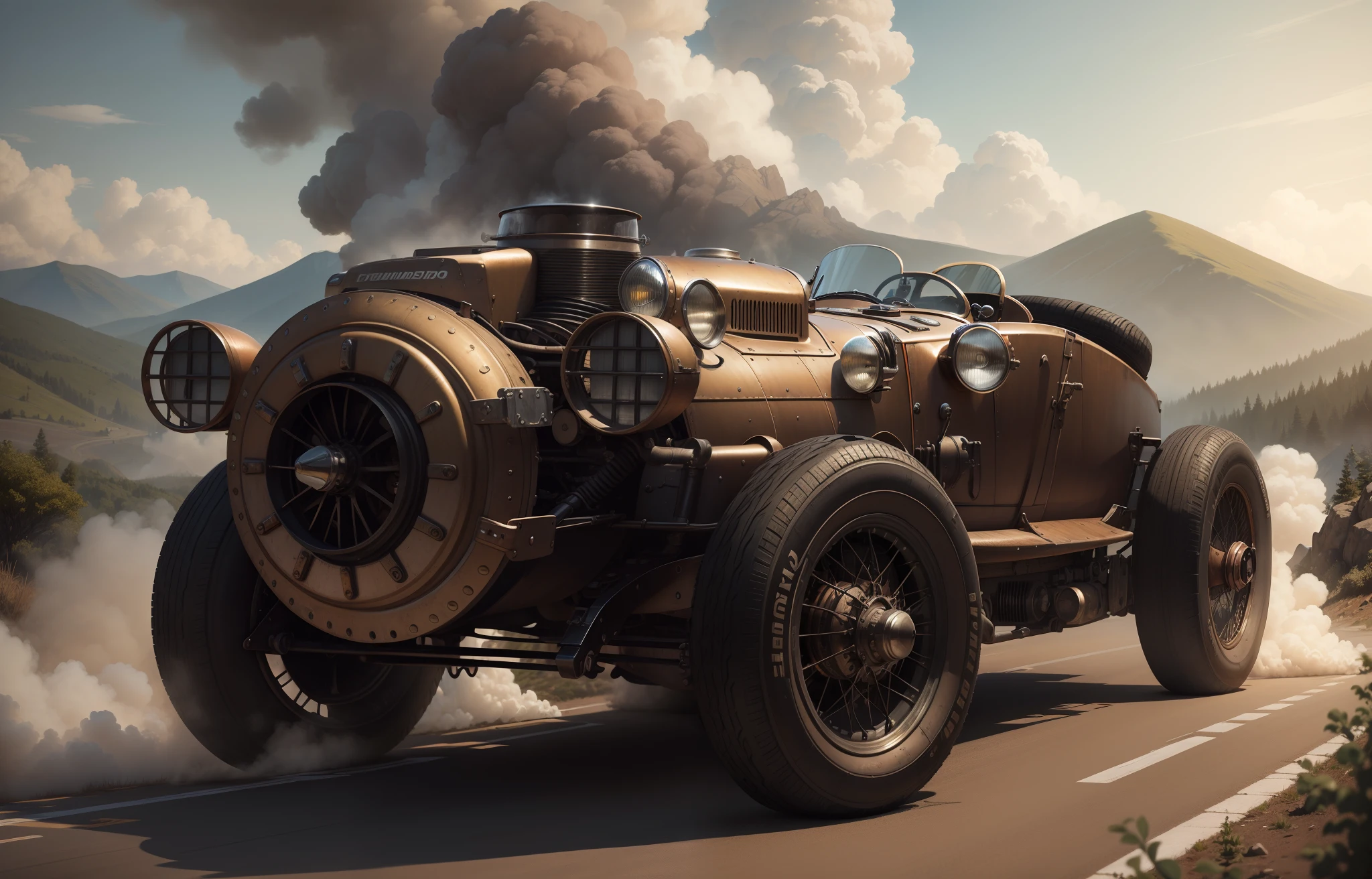 Photorealistic steampunk vintage sports car drifting on mountain road, Formula Drift, Oversteer, Smoke coming from the rear tires, carro deslizando lateralmente perto do penhasco, deriva, Gincana, Rali Cross, Automatic crossing