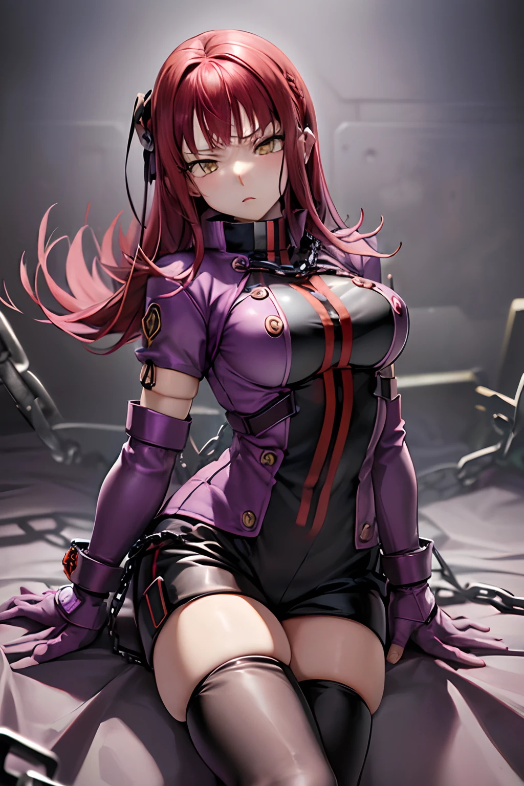 masutepiece, Best Quality, absurderes, Perfect Anatomy, 1girl in, Solo, Yoko Katori, Long hair, purple thighhighs, elbow groves, Purple gloves, Black shorts, uniform, thigh holster, ((sleep on one's back)), embarassed expression、((Chained))、((thigh high boots))、((gargantilha))、((Chains are wrapped around his arms))