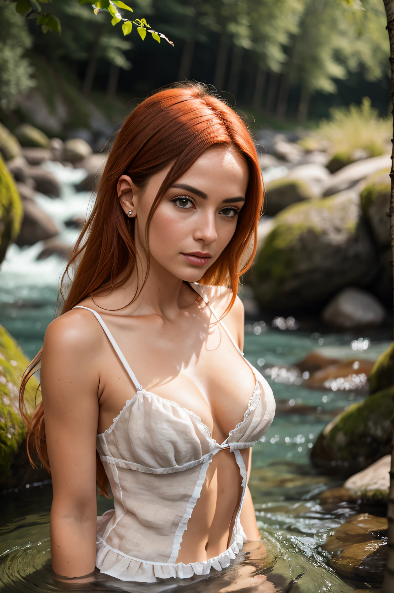 Portrait d'une rousse de 36 ans, Frenchwoman, Chest close-up, Disjointed cream-colored linen bustier, les mains dans les cheveux, Ultra-detailed skin texture, sexuality, seduction, regard amoureux, bouche entrouverte,in a river, rochers, arbres, soleil couchant, cinematic rendering, 32K, facial sharpness