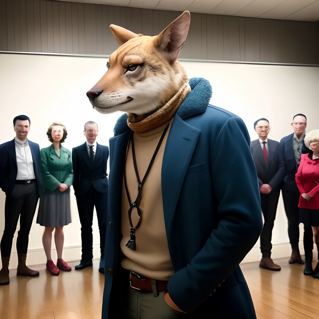 Create an image of about 20 people posing for a photo dressed in 1940s hunter clothes and a monstrous animal tied up by ropes