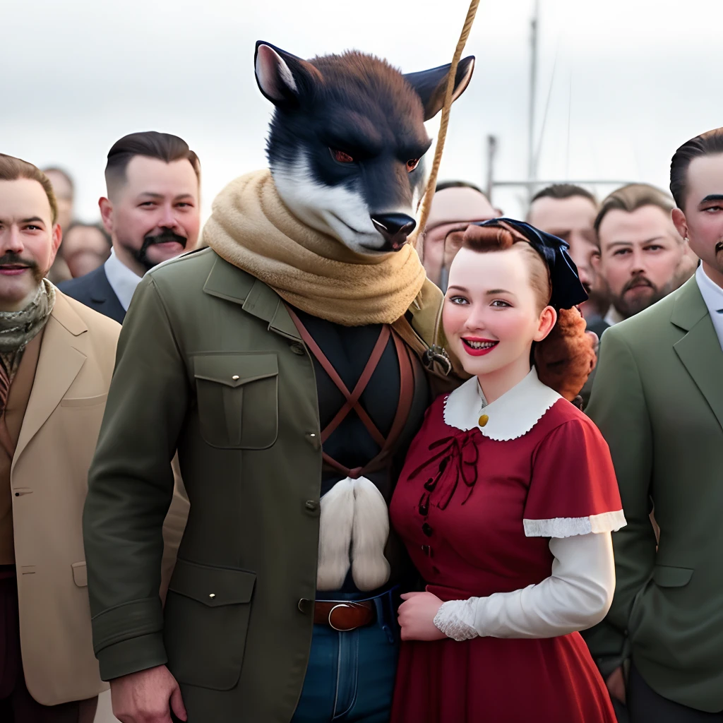 Create an image of about 20 people posing for a photo dressed in 1940s hunter clothes and a monstrous animal tied up by ropes
