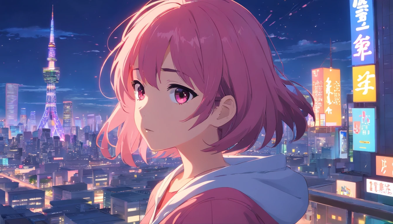 masterpiece、top-quality、ultra-detailliert、Big Eyed Girl、Girls are artists、Unusual attire、Her hair is pink and shoulder-length、The city of Tokyo、Night city