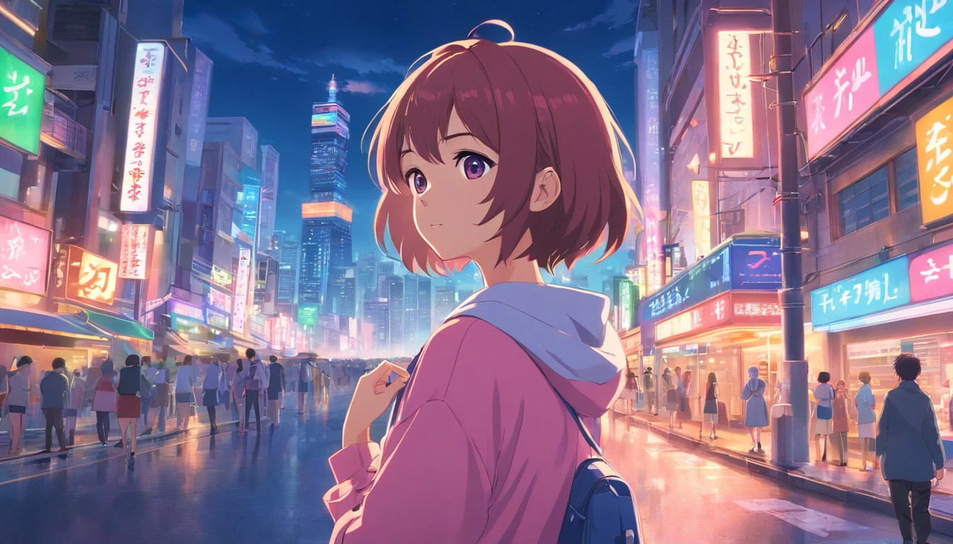 ​masterpiece、top-quality、ultra-detailliert、Big Eyed Girl、Girls are artists、Unusual attire、Her hair is pink and shoulder-length、The city of Tokyo、Night city