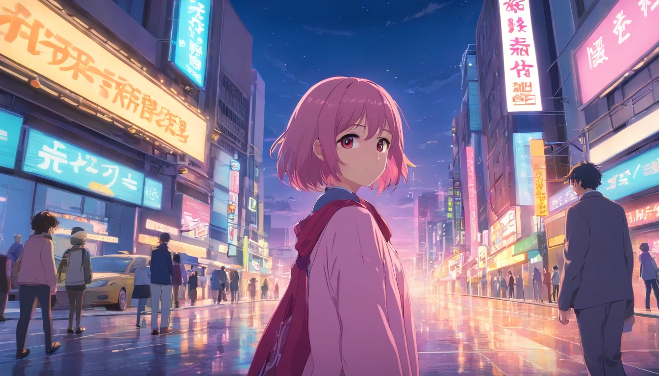 ​masterpiece、top-quality、ultra-detailliert、Big Eyed Girl、Girls are artists、Unusual attire、Her hair is pink and shoulder-length、The city of Tokyo、Night city