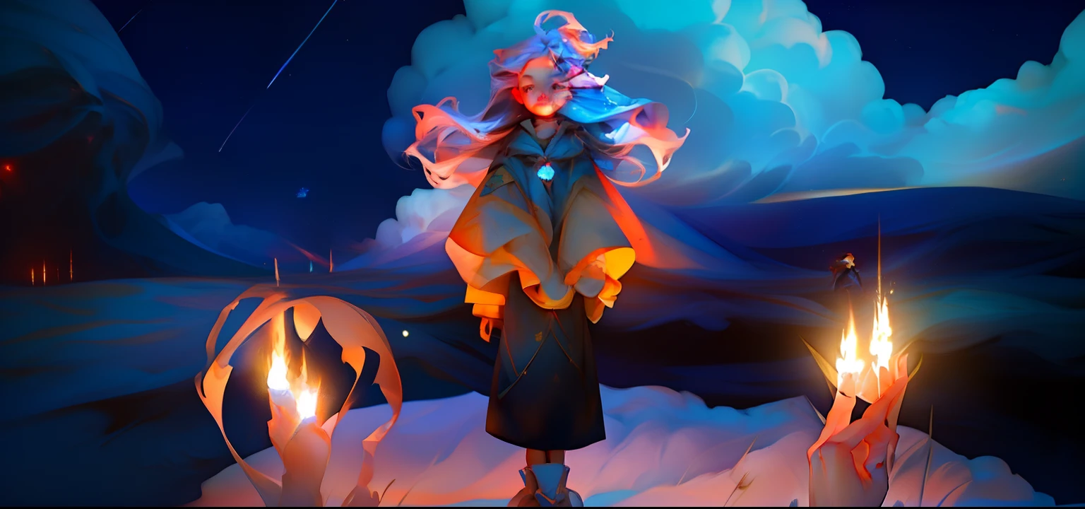 There's clouds in the background with the starry sky, A is standing with her hands together, renderizado estilo fantasia, menina com e borboleta brilhante, menina com velas or dela.