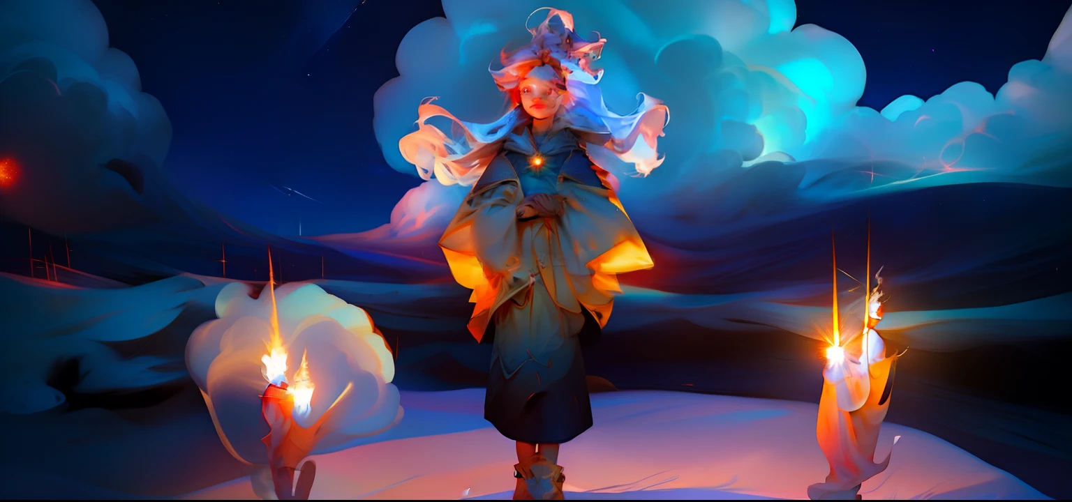 There's clouds in the background with the starry sky, A little girl is standing with her hands together, renderizado estilo fantasia, menina com asas de borboleta brilhante, menina com velas ao redor dela.