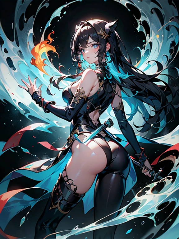 8k,tmasterpiece,melhor qualidade de imagens, tmasterpiece, ultrahigh-resolution, (Fidelidade:1.4)Garota,olhos de cor azul,olhos com fogo,beautiful face,Olhos bonitos,Segurando uma katana vermelha escura(The blade carries a roaring flame),(translucent body,Reflexo da pele),(((master part))), (((melhor qualidade))), ((ultra-detalhado)), (illustration), (luz detalhada), ((um extremamente delicado e bonito)),The surface of the skin is smooth, (highdetailskin:1.2),Proper body proportion、Anatomia Perfeita,Intricate tights、Espartilho de seios grandes、terno apertado,(clothes translucent)20 anos de idade,The rear mech is ready,There are a lot of blue flames around the figure