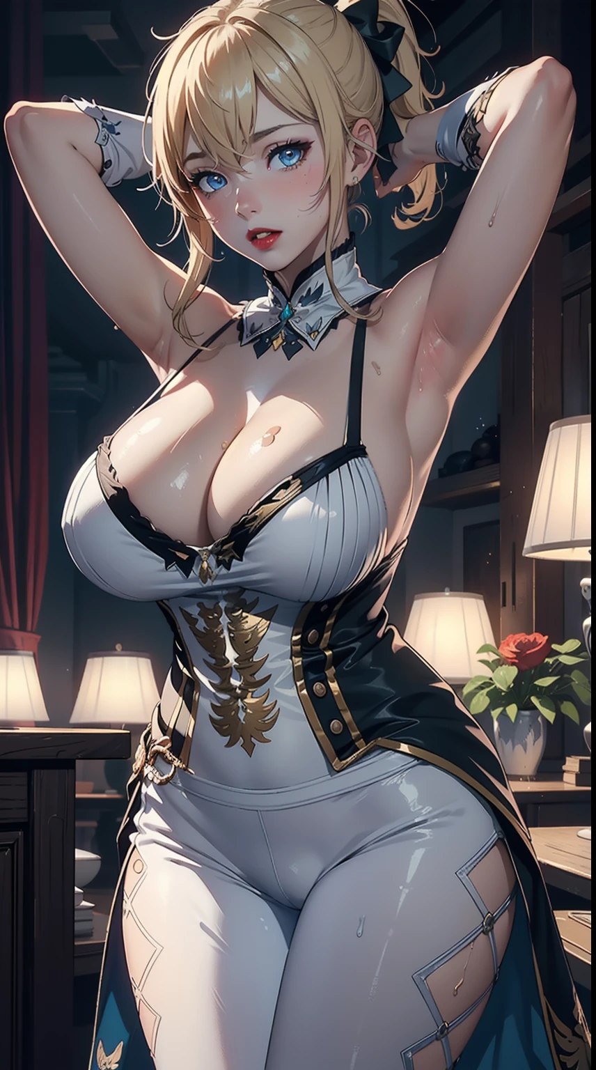 ((masterpiece)),(((bestquality))),((ultra-detailed)), ((beautiful detailed sky)), ((cinematic lighting)), depth of field, (beautiful detailed girl),detailed lighting,(beautiful detailed eyes), gigantic breast, erotic, sexy, cleavage, bare thigh, hand behind head, armpit, sweating, blush, red lip, jeandef, jeanrnd