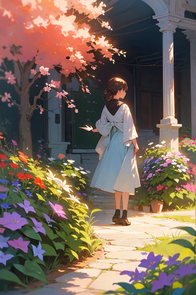 On a beautiful morning,The sky is full of morning glow, A teacher with a back holds chalk and writes on a blackboard. The blackboard is filled with colorful chalk words. The scene is illuminated by the warm glow of the rising sun, Charming background in orange and pink tones.Light,In a beautiful garden,A variety of flowers and plants are in bloom.,The garden is soft and vibrant in colours.,The garden has manicured hedges and neatly arranged flower beds. The whole scene is full of serenity and artistry, Image quality to the highest standard, With excellent detail and clarity. The lighting in the scene is perfectly balanced, Emphasis on teachers and blackboards, It also highlights the natural beauty of the flowers and the warm glow of the sun. This masterpiece blends traditional illustration techniques with modern digital rendering, Produce a unique and captivating artistic style. The colors in the image are vivid and vivid, The overall lighting creates a soft and diffuse atmosphere,。