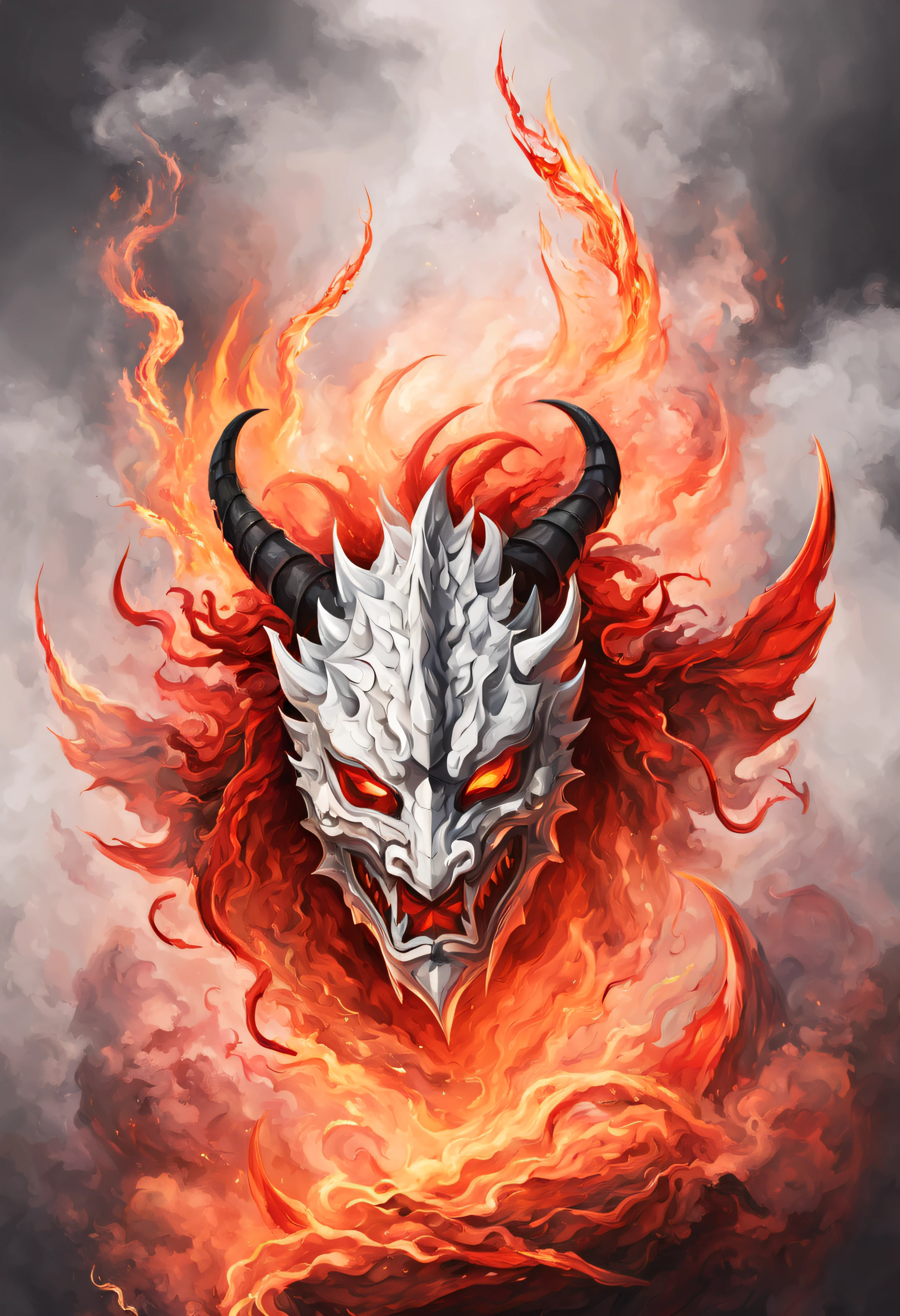 hell, a fire mask, floating in the middle of the image, a lot of fire, around, in front of the mask, white mask making the design of a dragon, Scandinavian red punturas drawing style