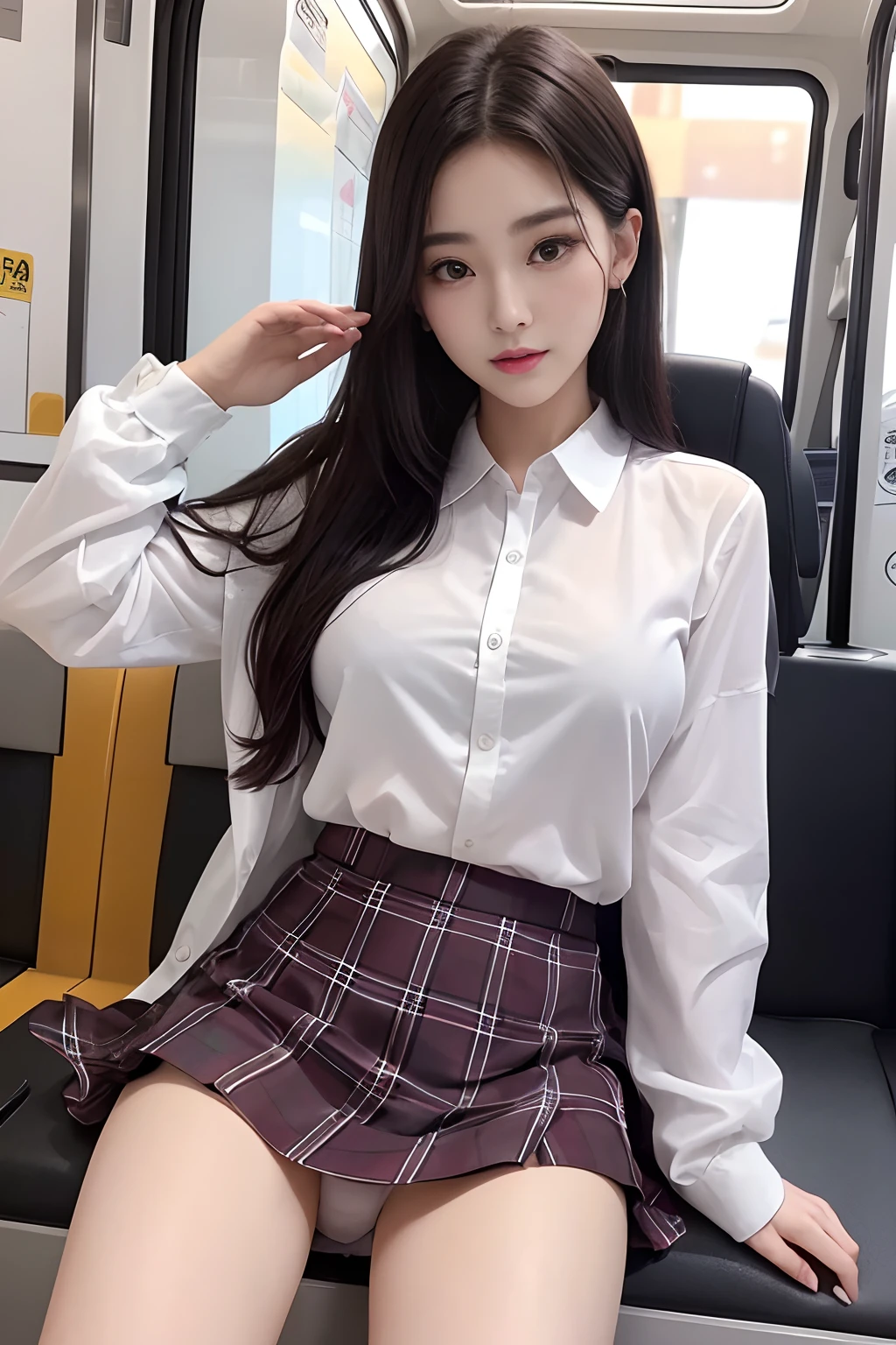 ((Chinese star Di Lieba has a similar face))1womanl、(Super beautiful)、(ultra beautiful faces:1.5)、(white panties)、(Clear pubic contour)、Spread your legs、(High School Uniforms)、Plaid mini skirt、(Metro seating)、(At SFW:1.1)、Dark light environment,